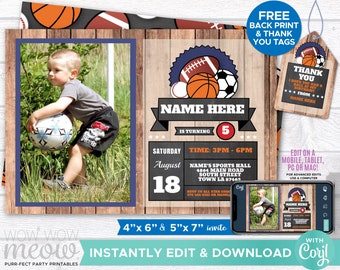 All Star Sports Photo Party Birthday Invite Invitation INSTANT DOWNLOAD Baseball Basketball Soccer Football Personalize Edit Print WCBK042