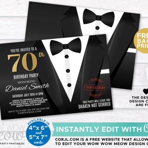 May include: A black and white tuxedo-themed birthday party invitation for a 70th birthday. The invitation features a gold number 70, the text "You're invited to a 70th Birthday Party", and the name "Daniel Smith". The invitation also includes the text "Dress to impress & join us at Gold's Wine & Champagne Bar" and the date and time of the party. The invitation is available in 4x6 inch and 5x7 inch sizes.