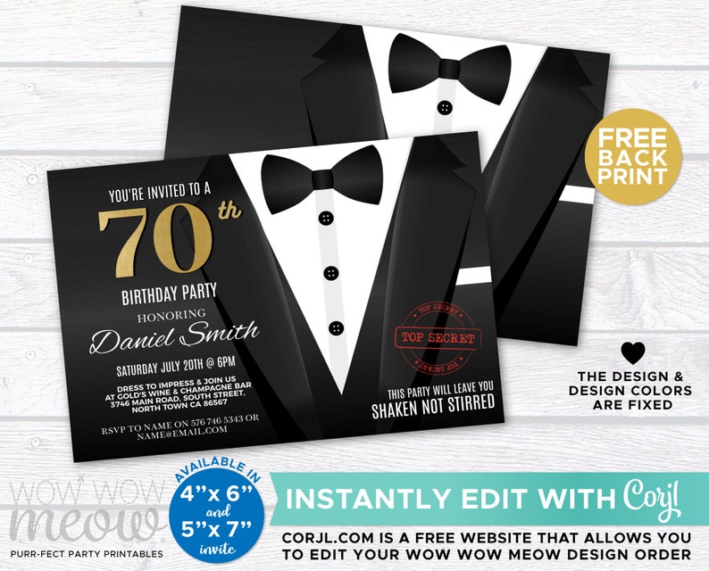 May include: A black and white tuxedo-themed birthday party invitation for a 70th birthday. The invitation features a gold number 70, the text "You're invited to a 70th Birthday Party", and the name "Daniel Smith". The invitation also includes the text "Dress to impress & join us at Gold's Wine & Champagne Bar" and the date and time of the party. The invitation is available in 4x6 inch and 5x7 inch sizes.