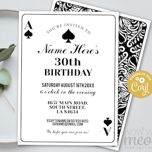 Playing Cards Birthday Invitation Any Age INSTANT DOWNLOAD Casino Las Vegas Party Personalize Black Spade Edit Printable Digital WCBA002