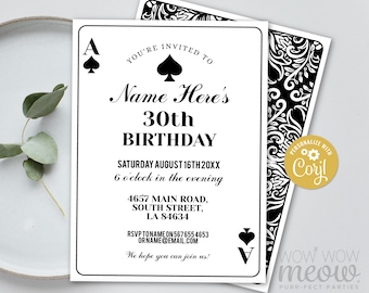 Playing Cards Birthday Invitation Any Age INSTANT DOWNLOAD Casino Las Vegas Party Personalize Black Spade Edit Printable Digital WCBA002