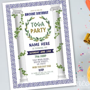 Toga Birthday Ancient Greek Invitation Invite Party INSTANT DOWNLOAD Gold Navy Togas Roman Elegant Personalize Editable Printable WCBA315