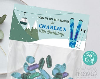 Ski Party Treat Bag Headers Birthday Skiing Snow Apres Winter Boys Girls Topper Favours Party Gift Label Download Editable Printable WCBK100