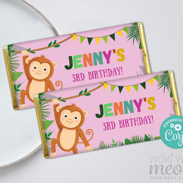Monkey Chocolate Bar Pink Wrapper Birthday Go Bananas Jungle Wild Candy Editable Girls Instant Download Birthday Label Printable WCBK398