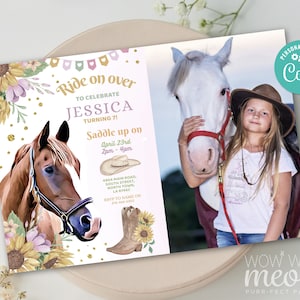 Horse Invitation Birthday Sunflower Invite Riding Photo Pony Pink Ride Cowgirl INSTANT DOWNLOAD Personalize Editable Printable WCBK423