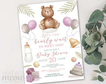 Bear Baby Shower Invitation Pink Girl Gender Reveal Teddy Boho Invites Balloons Neutral INSTANT DOWNLOAD Bohemian Party Couples WCBS154