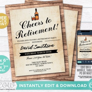 Cheers to Retirement Invitation Whisky Retired Invite Instant Download Printable Personalize Male Vintage Cheers Bourbon Drinks Edit WCRE023