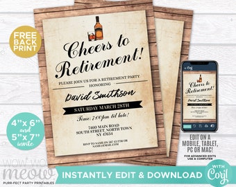 Cheers to Retirement Invitation Whisky Retired Invite Instant Download Printable Personalize Male Vintage Cheers Bourbon Drinks Edit WCRE023