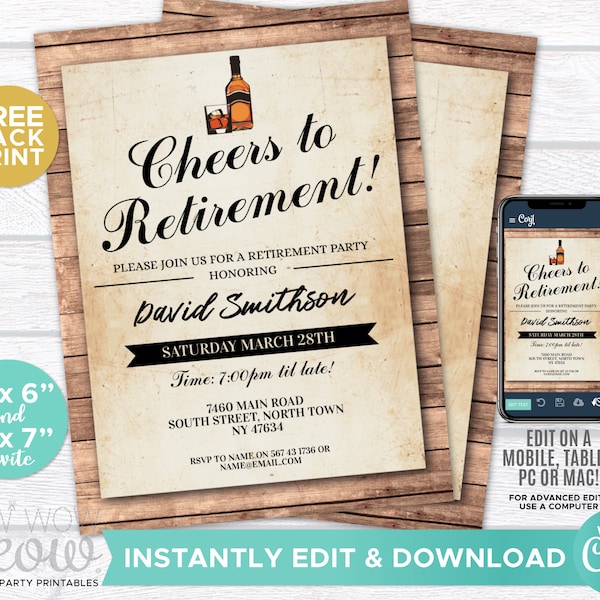 Cheers to Retirement Invitation Whisky Retired Invite Instant Download Printable Personalize Male Vintage Cheers Bourbon Drinks Edit WCRE023