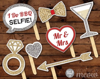 Over 45 Photo Booth Props PRINTABLE I Do BBQ Engagement Couple's Shower Party Instant Download Editable Cards Selfie Wedding Rings Mr & Mrs
