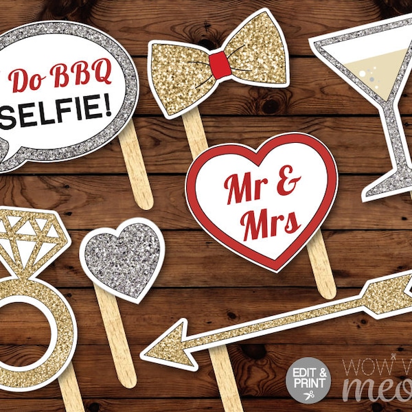 Over 45 Photo Booth Props PRINTABLE I Do BBQ Engagement Couple's Shower Party Instant Download Editable Cards Selfie Wedding Rings Mr & Mrs