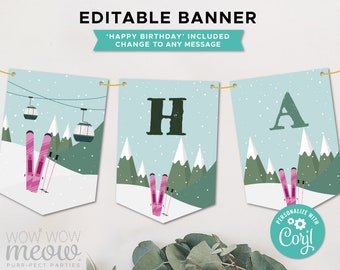 Ski Party Geburtstag Banner Pink Skiing Schnee Apres Winter Download Mädchen Wimpel Flaggen Geburtstag Dekoration Printable WCBK100