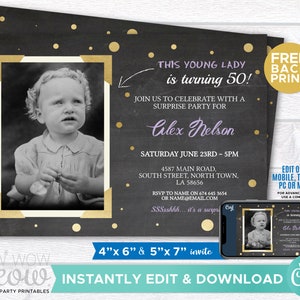 Birthday Photo Invite Gold Frame Party Invitation INSTANT DOWNLOAD Vintage Womens Mens GOLD Polka Dot Personalize Editable Printable WCBA026