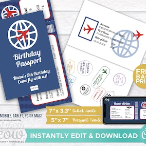 AIRPLANE Ticket Invite Passport Invitation Pilot Girls Boys Navy DOWNLOAD Blue Personalize Plane Birthday Party Editable Printable WCBK280
