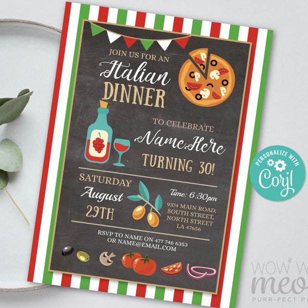 Italian Birthday Invitation INSTANT DOWNLOAD Surprise Pizza Invite Lunch Dinner Party Mens Womens Editable Personalize Printable WCBA273