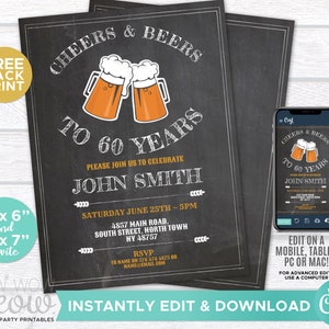 Cheers and Beers to 60 Years Invitation Chalk 60th Birthday Invite Party INSTANT DOWNLOAD Mens 60 Ale Personalize Editable Printable WCBA048