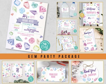 Gemstones Party Birthday Bundle Crystals EDITABLE Invitation Girls Geology Gem Pink Included Package Download Children's Kid's Party WCBK085