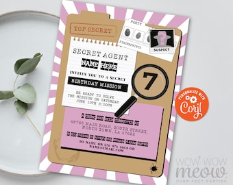 Secret Agent Invitations Birthday Invite Spy INSTANT DOWNLOAD Editable Girls Children's Pink Detective Party PDF file Top Secret WCBK095