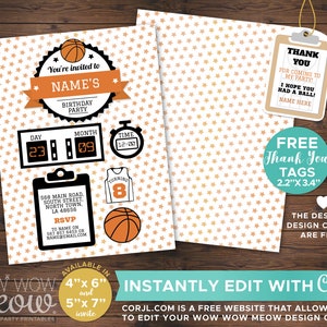 May include: Basketball-themed birthday party invitation with orange and white star pattern. Includes graphics of a basketball, jersey, and scoreboard. Features text: "You're invited to NAME'S BIRTHDAY PARTY". Includes thank you tags.