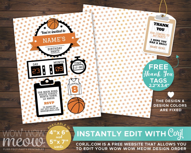 May include: Basketball-themed birthday party invitation with orange and white star pattern. Includes graphics of a basketball, jersey, and scoreboard. Features text: "You're invited to NAME'S BIRTHDAY PARTY". Includes thank you tags.