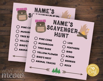 Glamping Camping Scavenger Hunt Cards Birthday Party Activity Editable INSTANT DOWNLOAD Sheet Girls Pink Game Search Woods Printable WCAC028