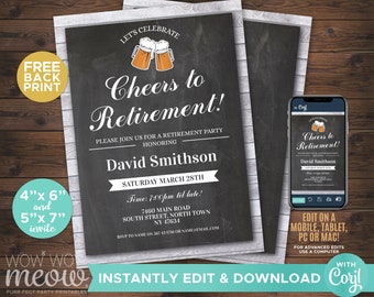 Cheers to Retirement Invitation Beers Retired Invite Pub DOWNLOAD Grey Wood Printable Personalize Male Vintage Chalk Beers Celebrate WCRE006