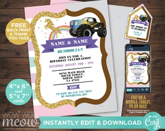 May include: A printable invitation for a birthday party with a unicorn and monster truck theme. The invitation is pink, blue, and gold with glitter accents. It says "Name & Name are turning 3 & 7!" and includes the date, time, and location of the party. The invitation also includes a thank you tag with a monster truck and unicorn graphic.