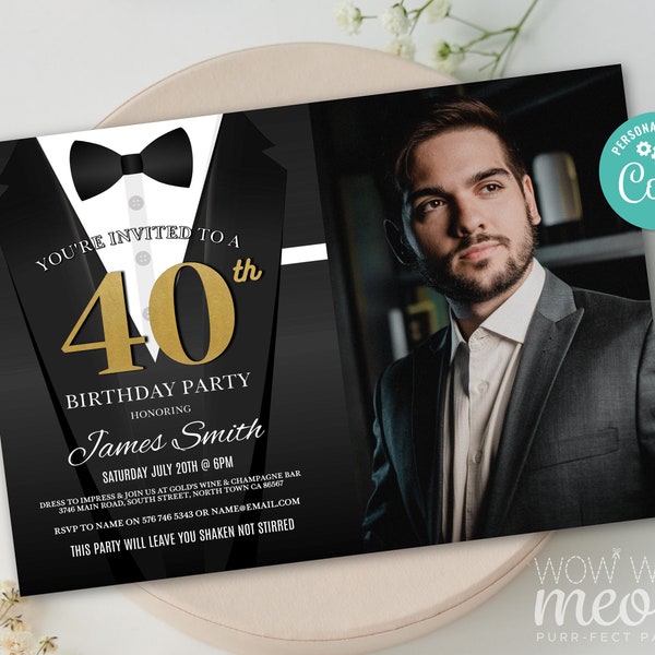 40th Birthday Invite Suit Party Photo Secret Tuxedo Black Tie Agent Invitation Formal Spy INSTANT DOWNLOAD Personalise Editable Bond WCBA033