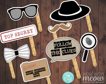 Secret Agent Spy Photo Props INSTANT DOWNLOAD Decoration Detective Birthday Party Printables Photo Booth Bunting Personalize WCBK095