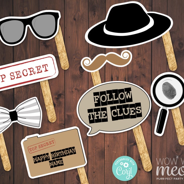 Secret Agent Spy Photo Props INSTANT DOWNLOAD Decoration Detective Birthday Party Printables Photo Booth Bunting Personalize WCBK095