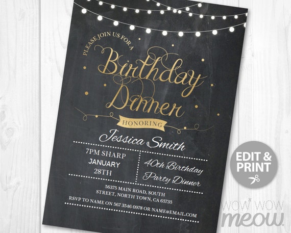 birthday dinner party invite instant download any age 30th 40th 50th 60th rustic gold chalk board lights personalize editable printable birthday dinner party invitations
