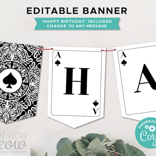 Spade Playing Cards Banner Birthday Party Bunting Flags Casino Theme Wonderland Editable Download Birthday Decoration Printable WCBA002