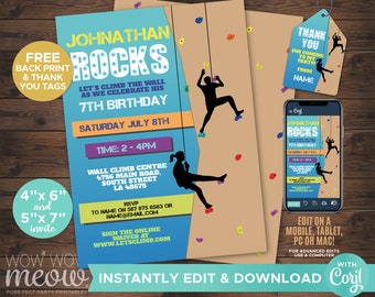 Rock Climbing Invitation Indoor Climbing Wall Invite Birthday Party INSTANT DOWNLOAD Boys Blue Rocks Personalize Customize Printable WCBK044