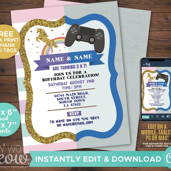 Unicorn and Gaming Birthday Invitations Girl & Boy Joint Shared Invite INSTANT DOWNLOAD Glitter Printable Party Personalize Editable WCBK024