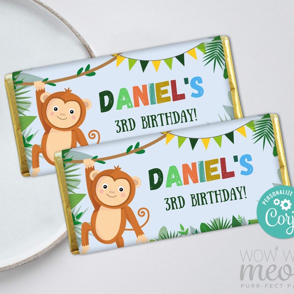 Monkey Chocolate Bar Blue Wrapper Birthday Go Bananas Jungle Wild Candy Editable Boys Instant Download Birthday Label Printable WCBK398