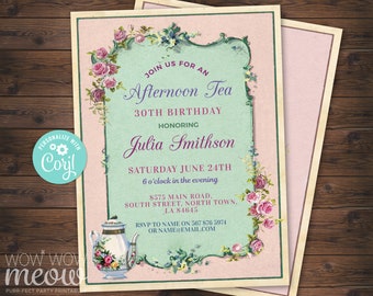 Birthday Invitations Women's Afternoon Tea Party Any Age Teapot Invite INSTANT DOWNLOAD Pink Mint Floral Flowers Editable Invitation WCBA200