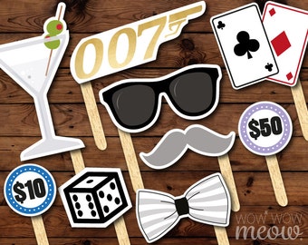 50 Photo Booth Props Printable James Bond 007 Party INSTANT DOWNLOAD Spy Casino Photo Cards Secret Agent Birthday Cards Games Bowtie Picture