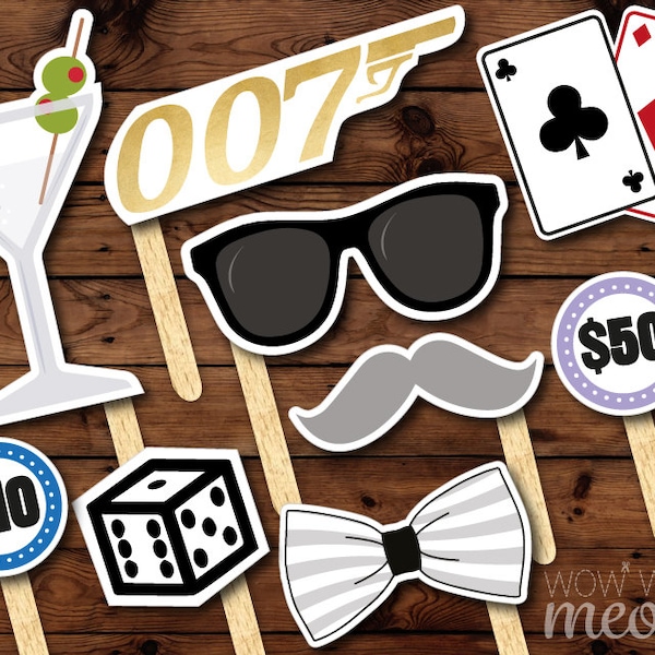 50 Fotokabinen-Requisiten zum Ausdrucken, James Bond 007-Party, SOFORT-DOWNLOAD, Spy Casino-Fotokarten, Geheimagent-Geburtstagskarten, Spiele, Bowtie-Bild