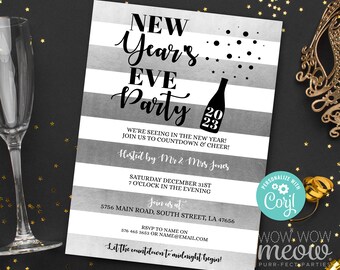 New Year's Eve Invitations Silver Champagne Elegant Party 2019 Foil Stripe Invites Printable INSTANT DOWNLOAD NYE Celebration Night WCNY005