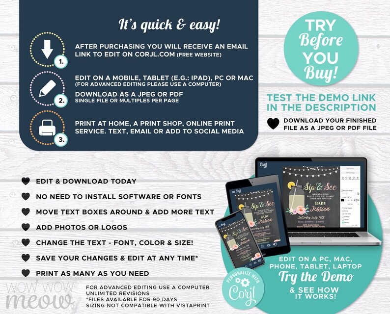 May include: A digital printable invitation for a Sip and See party. The invitation features a chalkboard background with a mason jar filled with lemonade and a floral design. The text on the invitation reads "Sip and See Baby Jessica".