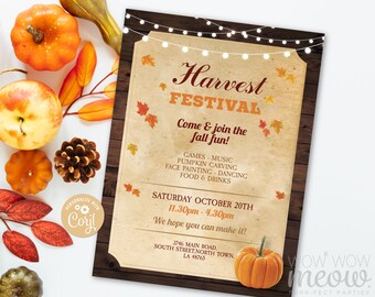 Fall Harvest Festival Invitations Party Event Rustic Invite Printable INSTANT DOWNLOAD Church Wood Autumn Personalize Editable WCHF002