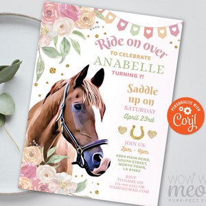 Horse Invitation Birthday Invite Riding Pony Pink Ride On Over Saddle Up INSTANT DOWNLOAD Personalize Editable Printable Template WCBK423