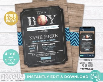 Baseball Baby Shower Invitations Chalk Rustic Invites Sports INSTANT DOWNLOAD It's a Boy Blue Printable Digital Editable Personalize WCBS024