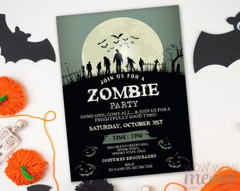 May include: A Halloween party invitation with a black background and a large moon. The invitation reads "Join us for a Zombie Party" with event details for October 31st. Decorative orange yarn pumpkins and a bat are in the image.