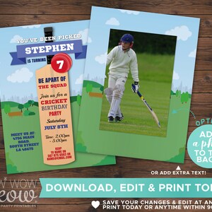 Cricket Bat Invitation Sports Party Birthday Invite Boys INSTANT DOWNLOAD Match Ball Game Any Age Girl Wicket Personalize Printable WCBK046 image 3