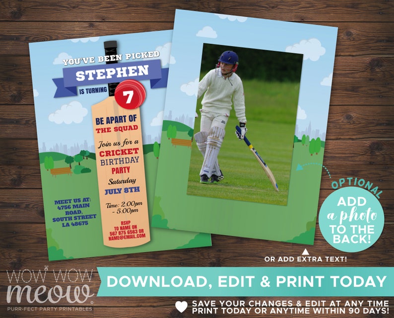 Cricket Bat Invitation Sports Party Birthday Invite Boys INSTANT DOWNLOAD Match Ball Game Any Age Girl Wicket Personalize Printable WCBK046 image 3