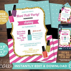 Mani Pedi Party Invitations Girl&#39;s Pink Pamper Birthday Invites INSTANT DOWNLOAD Toe Nails Paint Nail Varnish Personalize Printable WCBK045