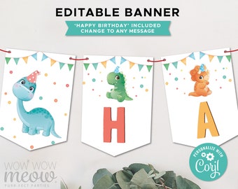 Cute Dinosaur Birthday Party Banner First Dino One Sweet Editable Download Boys Girls Bunting Flags Birthday Decoration Printable WCBK443