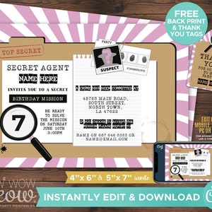Secret Agent Invitations Pink Girls Birthday Invite Spy INSTANT DOWNLOAD Editable Children&#39;s Detective Party PDF file Top Secret WCBK095