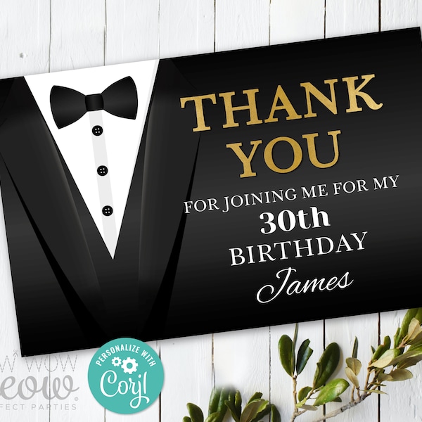 Tuxedo Black Tie Thank You Cards INSTANT DOWNLOAD Secret Agent Spy White Ball Birthday Favour Notes Tags Personalize Printable WCBA033